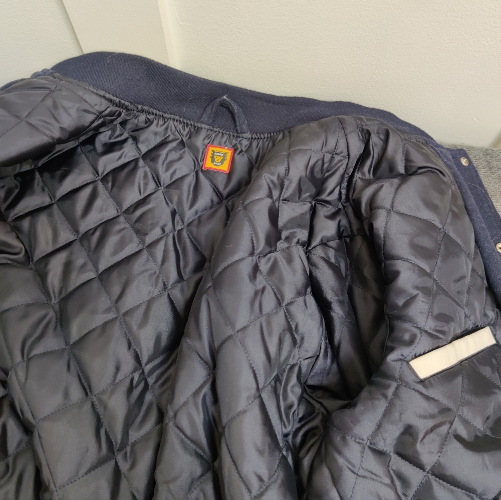 Human Made Dry Alls Varsity Jacket Navy Wool Leather Size L - Picture 6 of 12